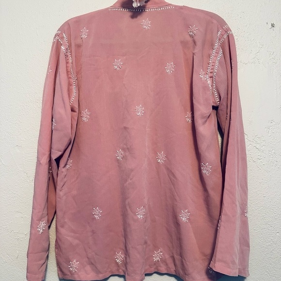 Women’s blouse medium 10 pink white Embroidered Long Sleeve Top linen cotton - Picture 5 of 5